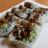 Oyster Tempura Roll · Fried oyster, cucumber, tobiko topped with eel sauce.