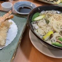 Tempura  · Udon or Soba. veggie noodle soup with shrimp & veggie, tempura on the side.