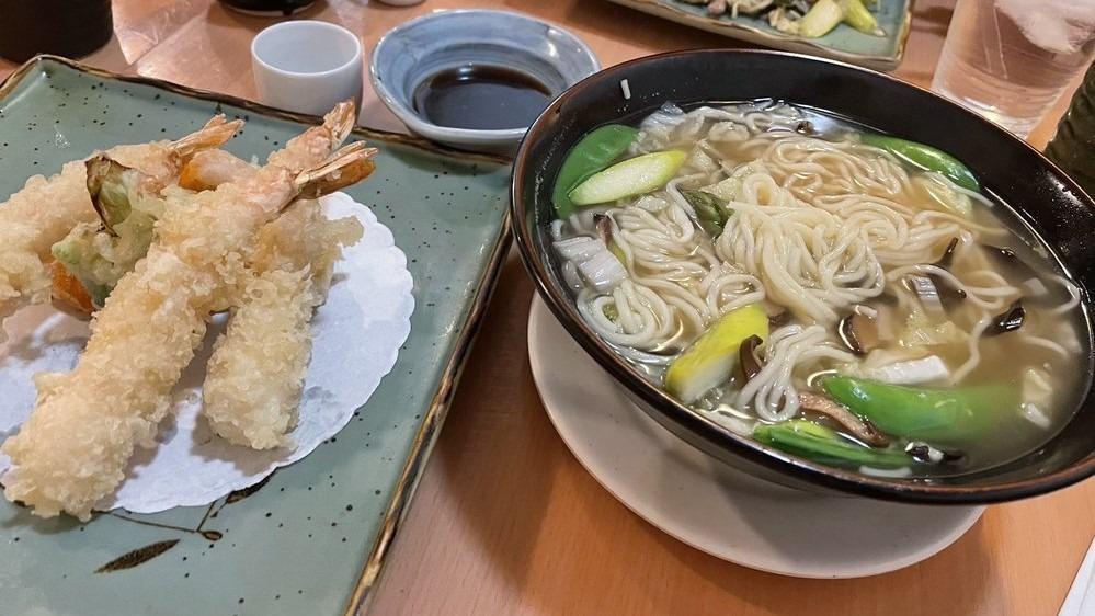 Tempura  · Udon or Soba. veggie noodle soup with shrimp & veggie, tempura on the side.