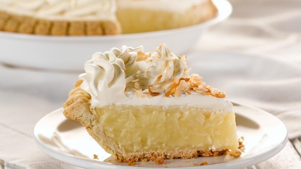 Coconut Cream Pie, Slice · Shredded coconut in a vanilla filling, topped with real whipped cream. (640 cal/slice).