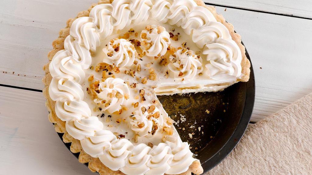 Banana Cream Pie · Loaded with hand-sliced bananas and topped with real whipped cream and chopped walnuts.. (700 cal/slice). Serves six or more! .