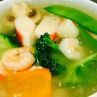 Seafood Soup · Scallop, crab meat, shrimp, lobster. One size only.