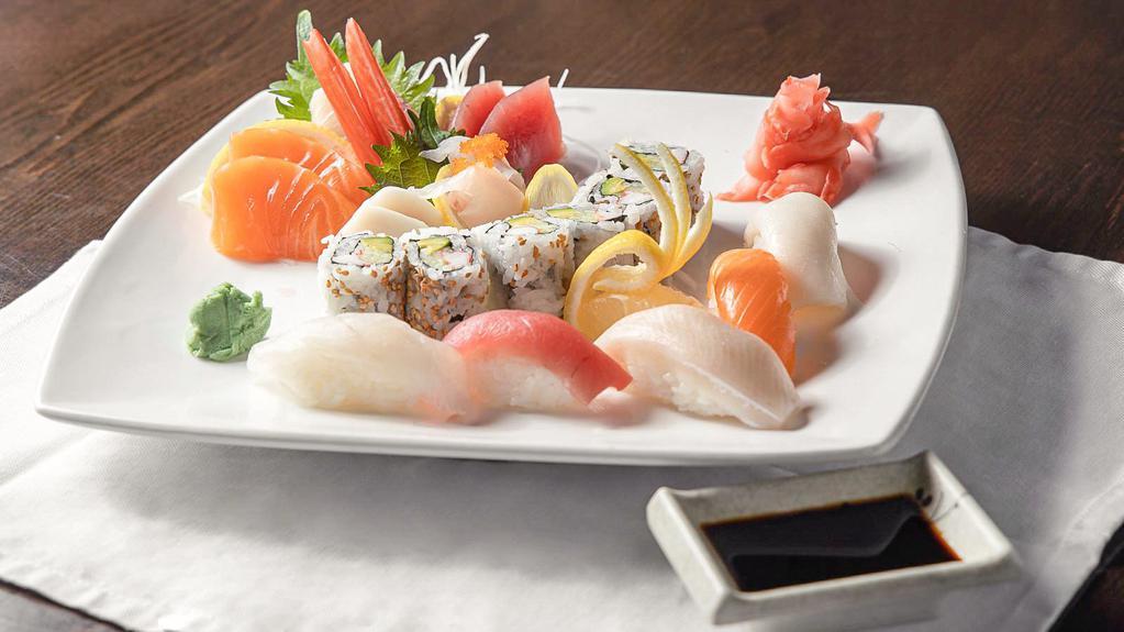 Sushi And Sashimi Combination · Five pieces sushi and ten pieces sashimi with California roll. Served with soup or salad.
