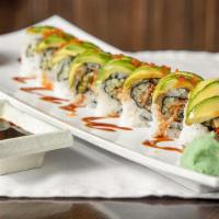 Dragon Roll · Eel, cucumber roll, avocado, tobiko on top, and dress with chefs special sauce.