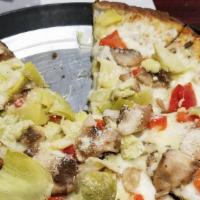 Veggie Pizza · Olive oil and garlic sauce, mozzarella, onions peppers, mushrooms and artichoke hearts.