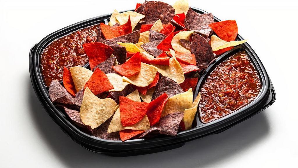 Chips & Salsa · Fried, tri-color tortilla chips lightly salted and served with our House Made Salsa. Tray accommodates 8-10.