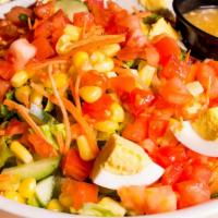 Arooga'S Chopped Salad · ** Gluten Free **. Organic romaine, bleu cheese crumbles, tomato, cage free egg, cucumber, o...