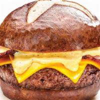 Pretzel Bacon Burger · Cheddar, applewood smoked bacon, honey mustard, grilled pretzel roll