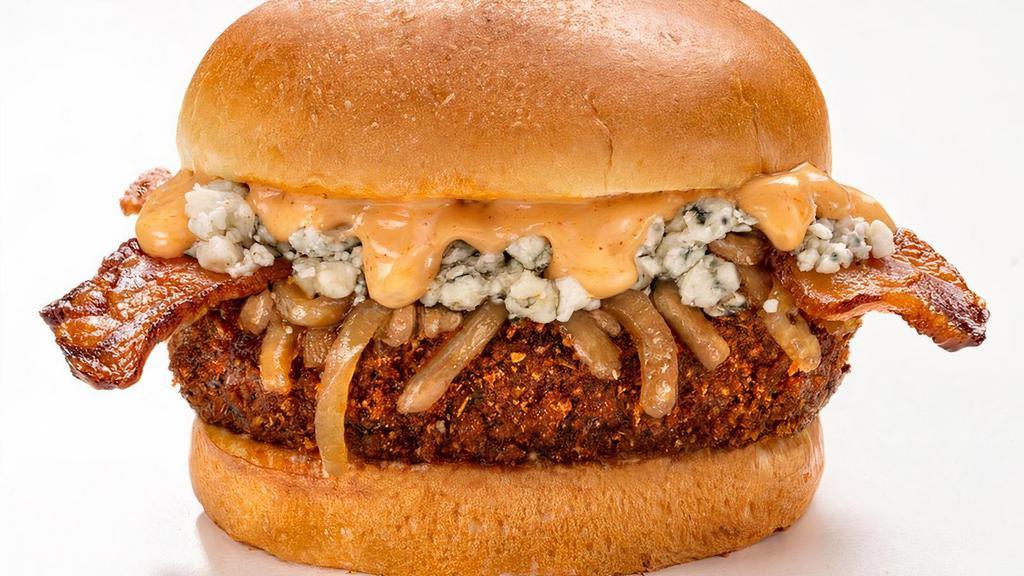 Bleu N Bacon Burger · Bleu cheese crumbles, beer-caramelized onion, applewood smoked bacon, Sriracha aioli, brioche