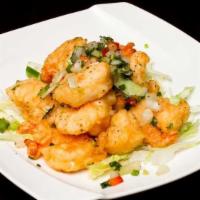 椒鹽蝦 Salt 'N Pepper Shrimp (Lunch) · Spice level 1/10. Shrimp delicately battered and served on a bed lettuce and topped with min...