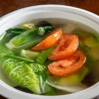 Mixed Vegetable Tofu Soup Gf · Soft tofu with mixed vegetables in a water-based broth. Vegan. Not Spicy.
