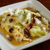 Cabbage W/ Dry Pepper Gf · Chinese Cabbage stir fried with Sichuan peppercorn oil and dry chili peppers. Mild spice.
