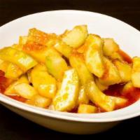 蒜茸黃瓜 Spicy Crispy Cucumber Gf · Spice level 7/10. COLD fresh cucumbers tossed in a sweet garlic chili sauce.  GF V