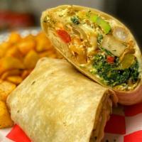 Veggie Power Wrap · 3 Egg Whites with Spinach, Zucchini, Roasted Red Peppers, Green Peppers, Onions, Breakfast P...