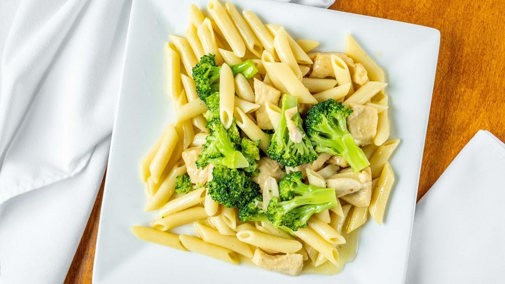 Ziti With Broccoli & Chicken · In garlic and oil.