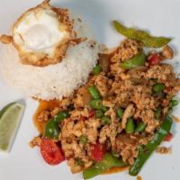 Dancing Chicken · Ground chicken, basil sauce, fried egg and rice.