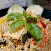 Curry Fried Rice · Fried rice with egg, green curry paste, onion, scallion, basil, string bean, mushroom and be...