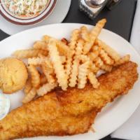 Battered Fish · Battered Haddock fish, fries with the choices of coleslaw or macaroni salad