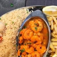 Onions Shrimps  · sautéed onions with shrimps served with 2 sides 
rice, French fries, black beans or salad