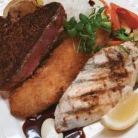 Fish Sampler · Grilled ono with lemon butter, panko-crusted mahi with homemade tarter and blackened ahi wit...