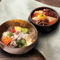 Bibimbap Combo · Mixed vegetable rice and beef with tofu soup. (Can be made without beef.)