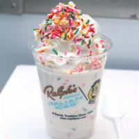 Cake Shake · Blend of Vanilla Ice, cake creme frappe, rainbow sprinkles and 1% milk. Topped with homemade...