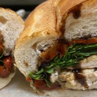 Grilled Chicken · Fresh Mozzarella, Arugula, Roasted Red Peppers and Balsamic.