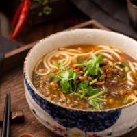 Sour String Beans Mai Fun Or Noodles In Soup · Contains sour string beans & minced pork,cilantro and hot red peppers.
