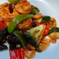 Jumbo Shrimp W. Spicy Garlic Sauce · sauteed jumbo shrimp and mix veg w. spicy garlic sauce