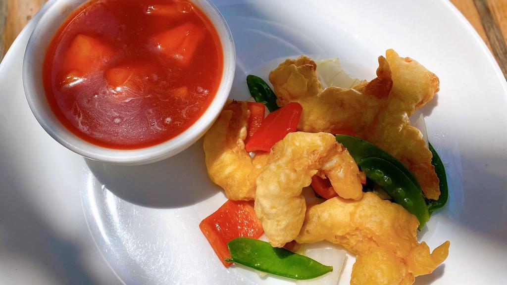 Sweet & Sour Jumbo Shrimps · fried prawns and onion, snow peas, pineapple, carrot w. sweet sour sauce (separate sauce)