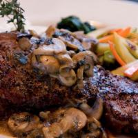 Aged Sirloin Steak Aioli · New York strip seared with mushrooms, garlic, butcher's pepper, served with fresh vegetables...