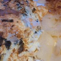 Bronx Tale Omelette · Grilled chicken, portabella mushrooms, spinach, onions, and mozzarella cheese. Served with h...