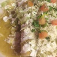 Enchiladas Verdes · Green enchiladas. Served with rice and beans or green salad, bread or tortilla.