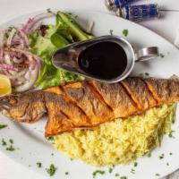 Whole Branzino Chef’S Special · Grilled or fried. Served with rice and pomegranate sauce on the side.
