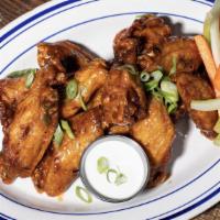 Wings · Twelve Jumbo Chicken Wings served with Celery and Carrot Sticks, and Bleu Cheese Dressing