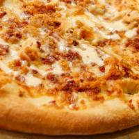 Party Chicken Bacon Ranch Pizza · Mozzarella Cheese,  Chicken Tenders, Bacon, Garlic Oil, Ranch Dressing