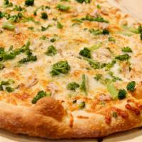 Large White Broccoli Chicken Pizza · Mozzarella, Rotisserie Chicken, Broccoli, Garlic/Oil