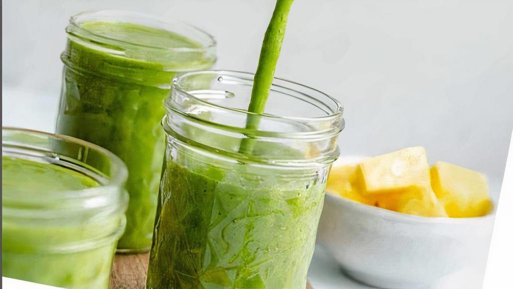 Get Your Green On · Cal:130 carb:28. Green apple, banana, kale, cucumber, blended with filtered water.