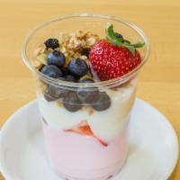 Strawberry Yogurt Parfait · Strawberry & vanilla yogurt, with fresh cut strawberries, blueberries, and granola!