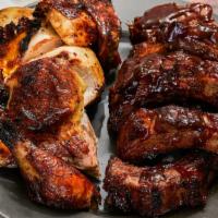 50/50 Chicken & Ribs · Four pieces of charcoal broiled flame chicken and five to six pieces of charcoal broiled fla...