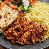 Pulled Bbq Chicken · Grilled poultry chicken served with yellow rice or fries, mix greens, tomatoes and a side pi...