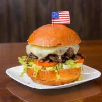 Burger Authority · Caramelized onion, sauteed mushroom, pepper jack cheese, romaine, tomato, chipotle