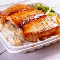 Salmon Teriyaki · Served with two sides. White rice, fried rice, noodles, and mixed vegetables.