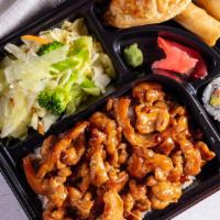 Chicken Bento · Bento box featuring your choice of teriyaki comes with four pieces of California roll, Two p...