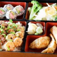Chicken & Shrimp Bento · Bento box featuring your choice of teriyaki comes with four pieces of California roll, two p...
