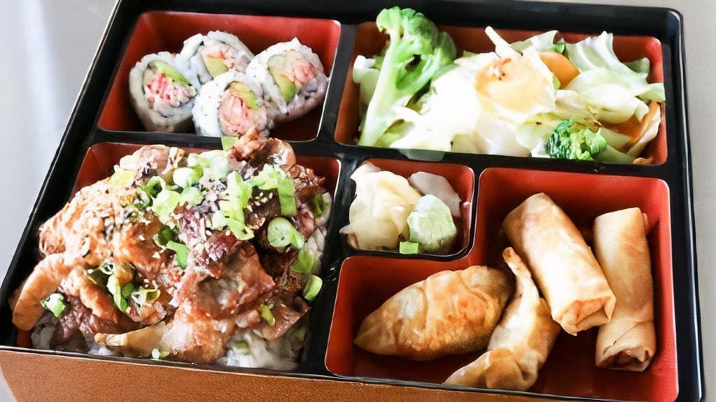 Chicken & Beef Bento · Bento box featuring your choice of teriyaki comes with four pieces of California roll, two pieces of chicken dumpling, two pieces of spring roll. Choose two sides white rice, fried rice, noodles, and mixed vegetables.