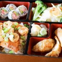 Salmon & Shrimp Bento · Bento box featuring your choice of teriyaki comes with four pieces of California roll, two p...