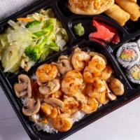 Shrimp Bento · Bento box featuring your choice of teriyaki comes with four pieces of California roll, two p...