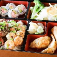 Beef & Shrimp Bento · Bento box featuring your choice of teriyaki comes with four pieces of California roll, two p...