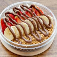 Bella Nutella · Blended acai topped with banana, strawberry, granola, coconut shavings, Nutella.